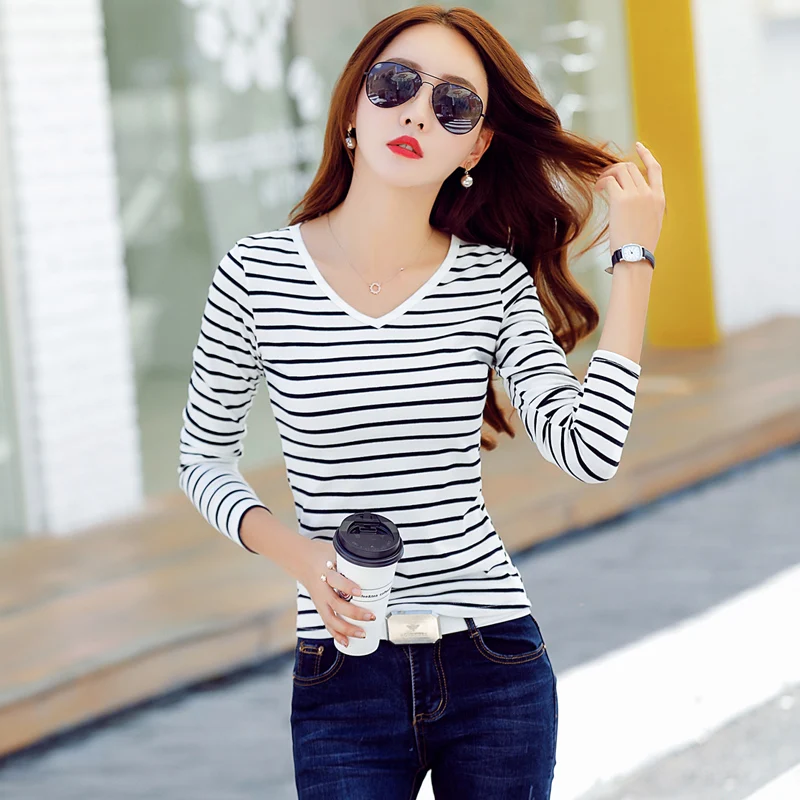 Женская футболка 2020 женская в полоску топ с длинным рукавом и V образным вырезом