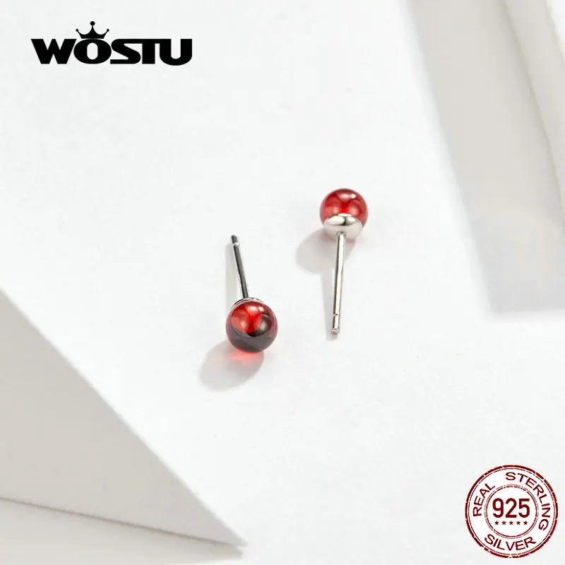 WOSTU, роскошный стиль, красный гранат, серьги-гвоздики, 925 пробы, серебряные, маленькие серьги для женщин, модные, свадебные, вечерние, ювелирные изделия, CQE657