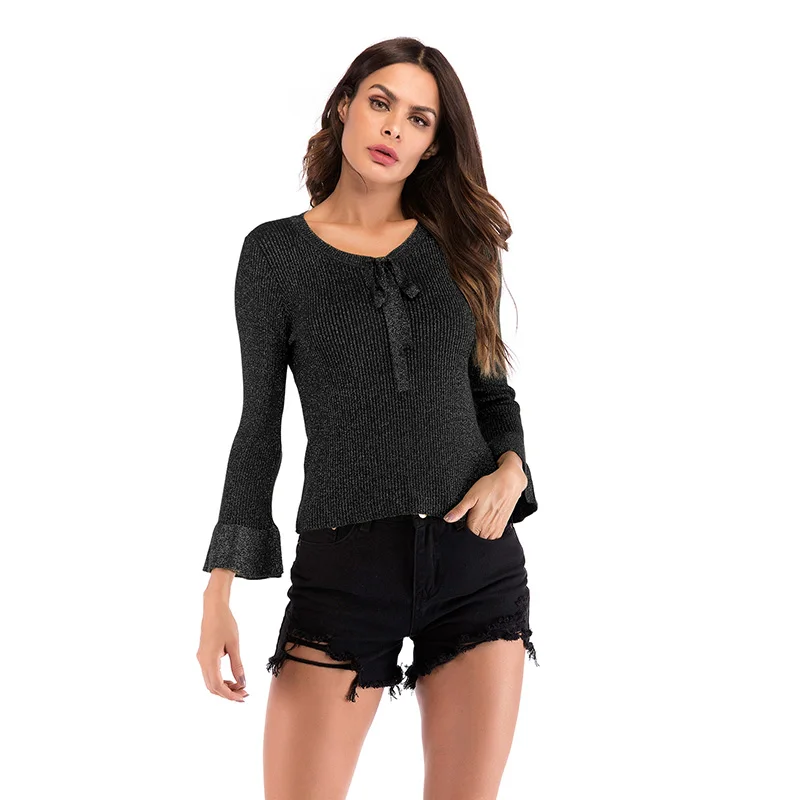 Осенне-зимний женский свитер с v-образным вырезом и галстуком-бабочкой