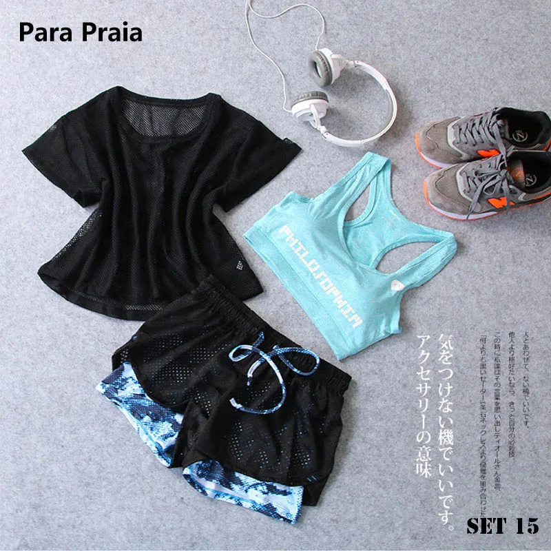 Set 15 Спортивная одежда, комплект из трех предметов для йоги, Спортивная рубашка для женщин, спортивный бюстгальтер для фитнеса, расклешенные штаны, леггинсы, спортивный костюм, леггинсы для спортзала, 15 цветов - Цвет: Set 15