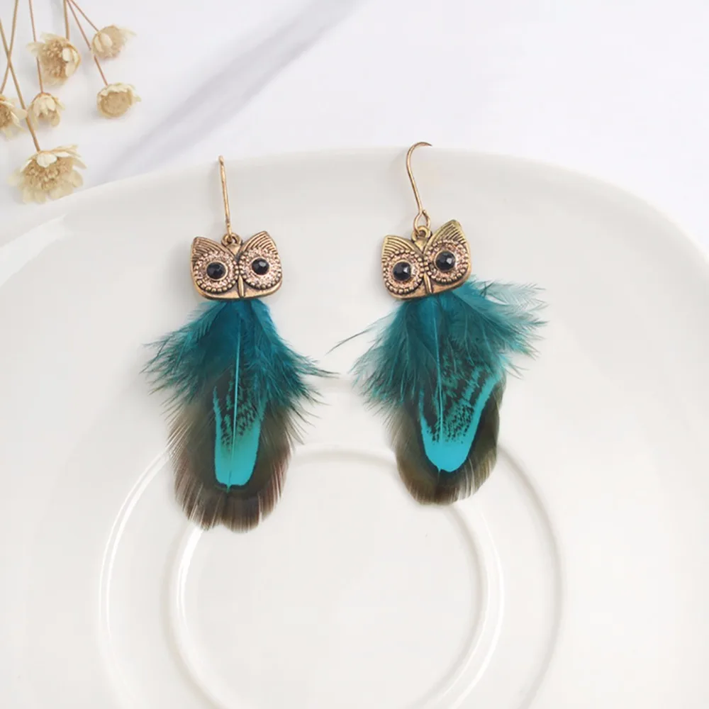 1 Pair Bohemia Owl Peacock Feather Crystal Earrings Dangle Earring Fashion Jewelry #249229 | Украшения и аксессуары