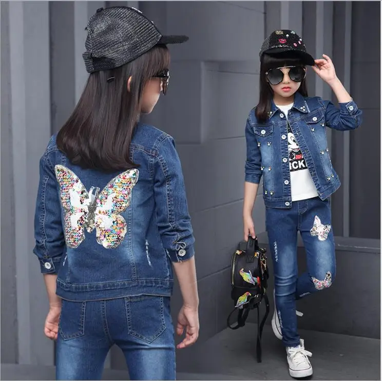 Джинсовая куртка с блестками и бабочками на весну осень джинсовый костюм Модный
