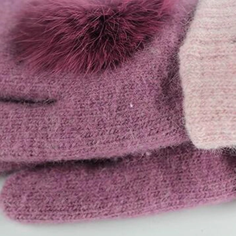 

NDUCJSI 2020 Adult Winter Wool Ladies Warm Wrist Gloves Women Fashion Rabbit Ball Double Thickened With Patchwork Knitted Gloves