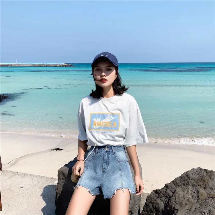 Лето 2019 новые Синие рваные джинсовые шорты женские летние модные прямые Уличная