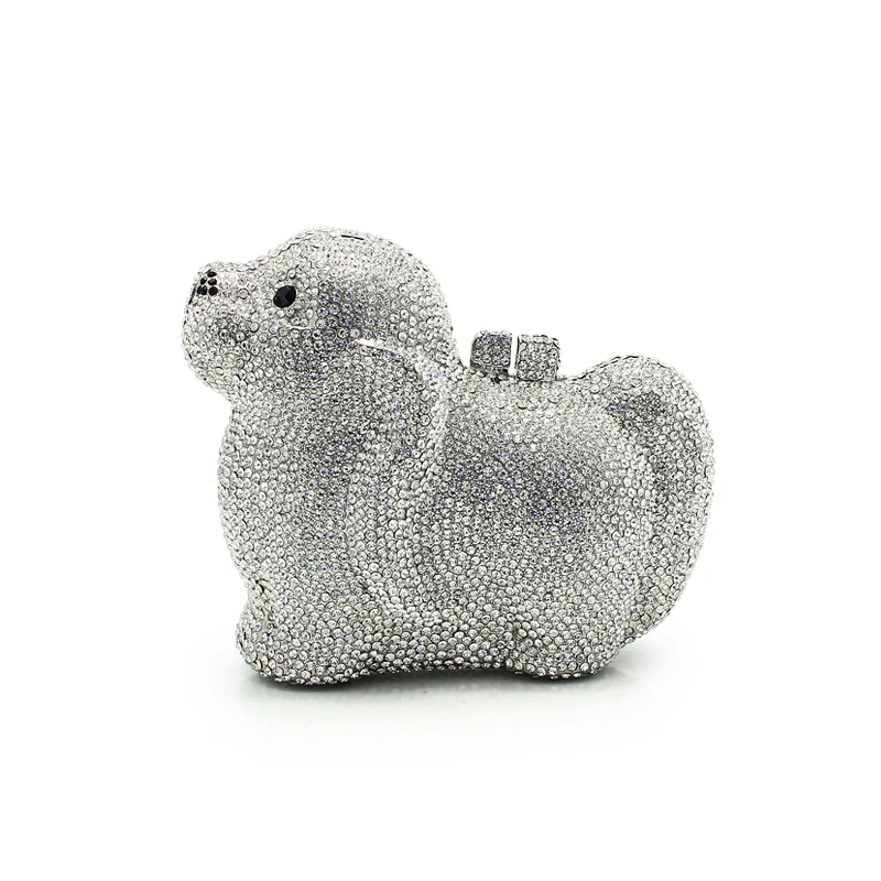 

lovely handmade silver dog crystal clutch bags women prom evening bags animal rhinestone bags