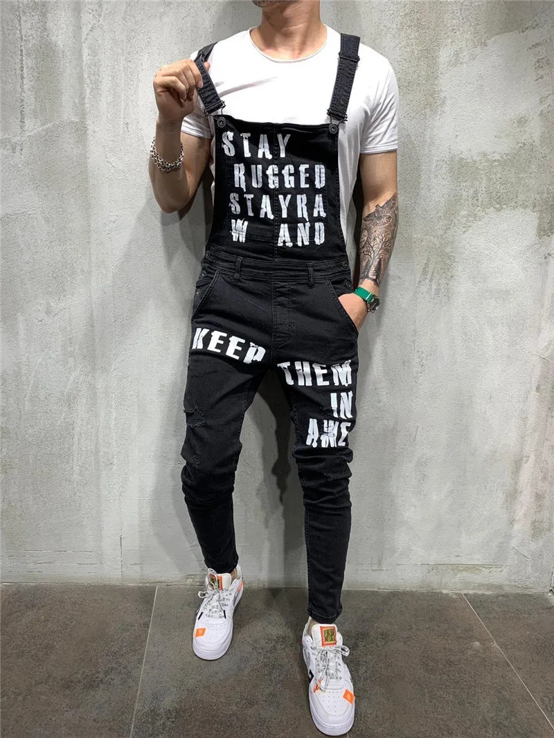 Черный MORUANCLE Fashion Men Ripped Denim Bib Overalls With Holes Workwear Distressed Jeans Jumpsuits Suspender Pants Letter Print - Цвет: Черный