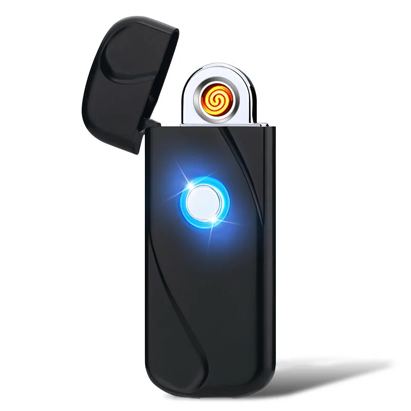 High-end small gift button LED light fingerprint touch USB charging lighter metal windproof two-sided ignition | Дом и сад