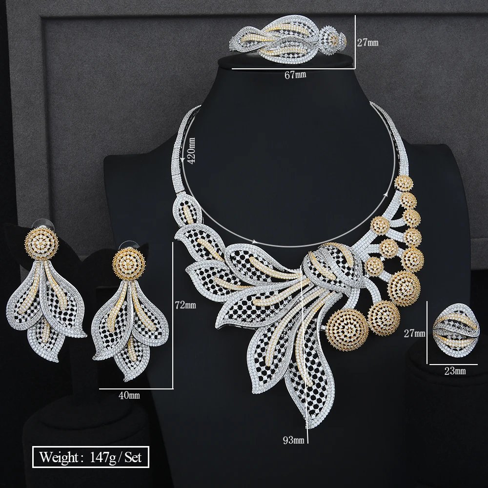 

Siscathy 2019 Luxury Jewelry Set Nigerian CZ Flower Collar Necklace Dangle Earrings Bangle Ring for Women Wedding Jewelry Sets
