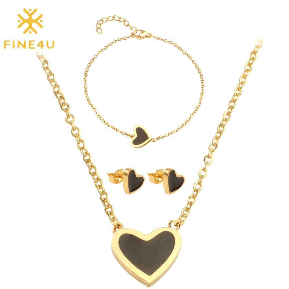 Gold FINE4U N191 Эмаль Сердце ожерелье серьги браслет наборы для женщин нержавеющая сталь свадебные ювелирные изделия набор - Окраска металла: Gold