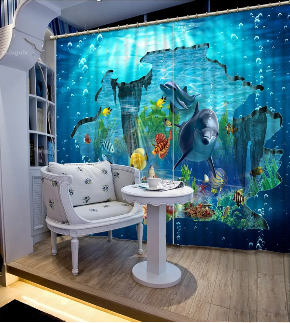 

cartoon Curtain Printing Blockout Polyester Photo Drapes Fabric For Room Bedroom Window ocean curtains