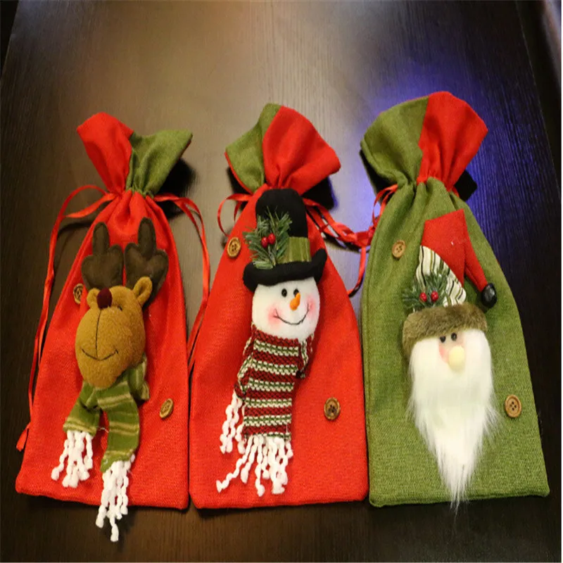 Drawstring Christmas Bags Santa Sack New Year Xmas Gift Cotton linen Bag Bottle Cover Decoration Dinner Party Accessorices | Дом и сад