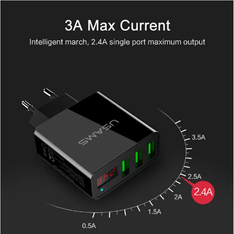 USAMS 3 порта USB зарядное устройство светодиодный дисплей ЕС/США штекер Max 2.4A Смарт Быстрая зарядка зарядное устройство для мобильных устройств для samsung xiaomi