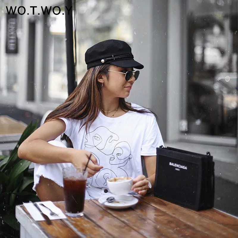 WOTWOY абстрактная летняя футболка для пары, женская футболка, повседневные топы с принтом, Женская свободная хлопковая футболка с коротким рукавом, Женская Harajuku белая