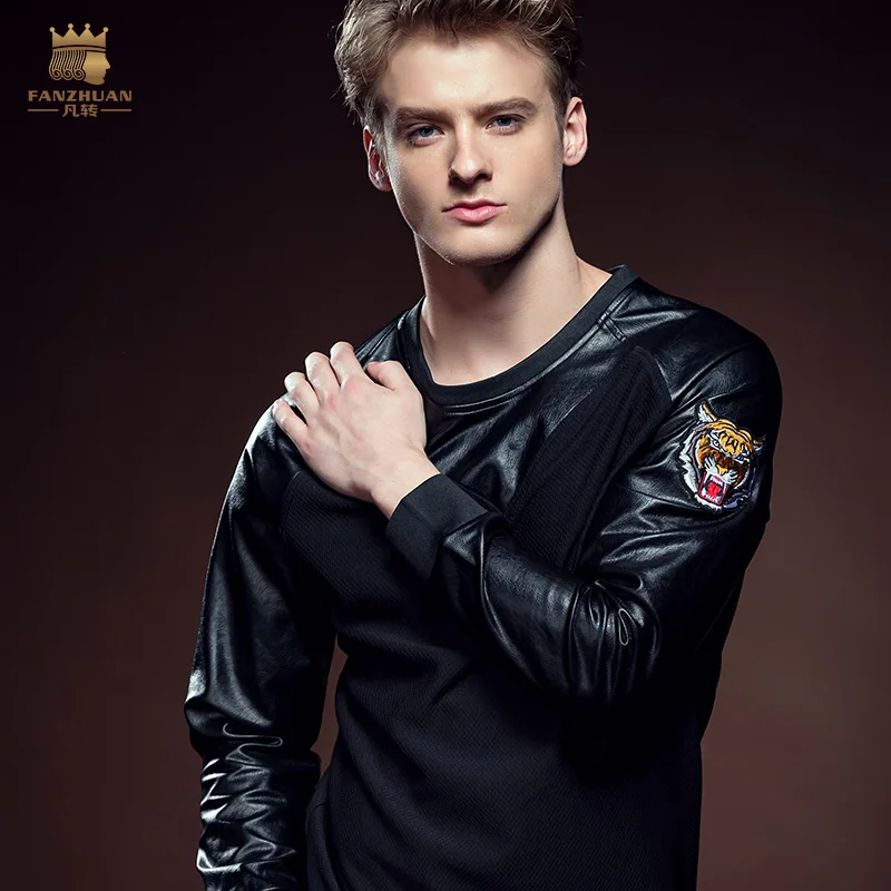 Free Shipping New royal Male Winter fashion new men's slim neck long sleeved T-shirt stitching personalized 5128T-shirt 615128 | Мужская