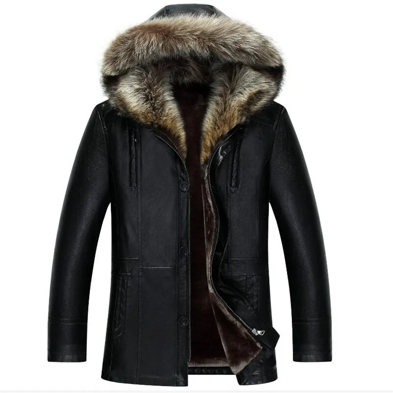 

new plus velvet high quality Raccoon Fur collar thick male luxury coat fashion leather jacket with hood plus size M-4XL