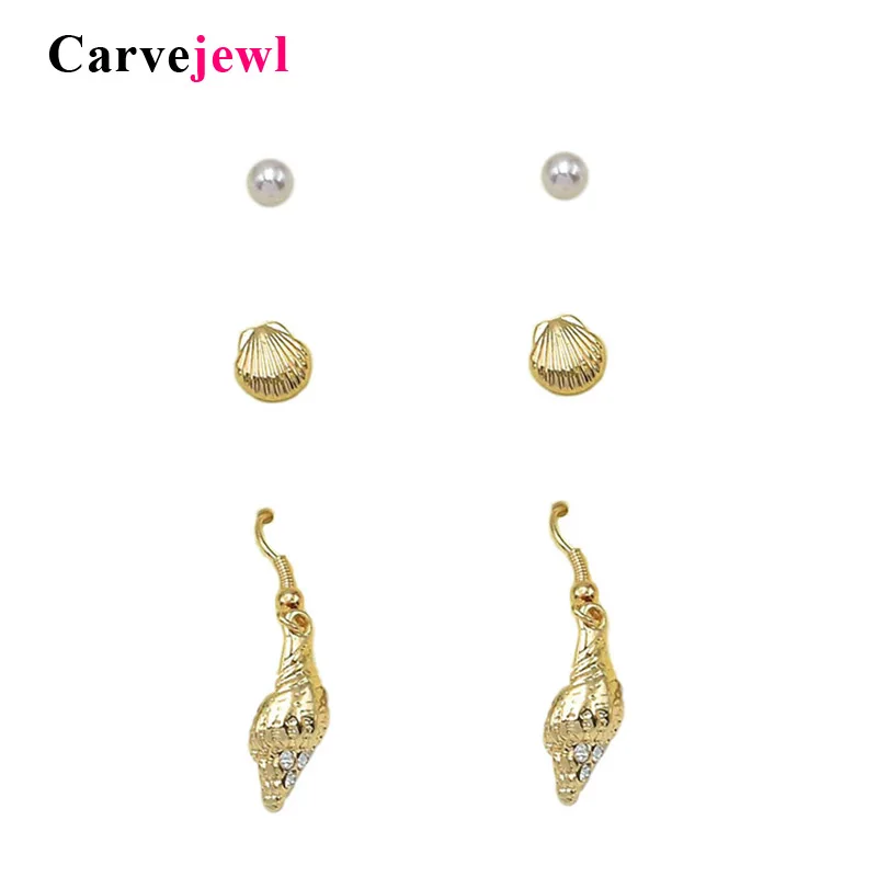 

Carvejewl 3 pairs per card sea animals stud earrings cute shell rhinestone conch acrylic pearl earring for women girl jewelry