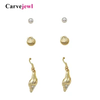 carvejewl 3 pairs per card sea animals stud earrings cute shell rhinestone conch acrylic pearl earring for women girl jewelry
