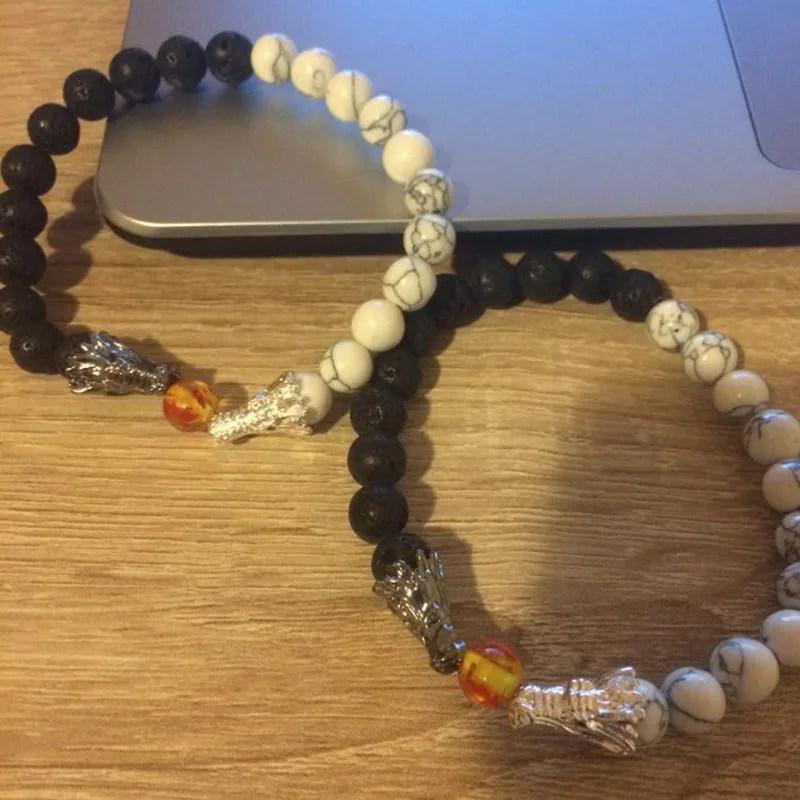 Натуральный черный браслет из лавы и белого камня Howlite Pulseira Masculina мужские ювелирные изделия Будда дракон браслет из бисера для женщин