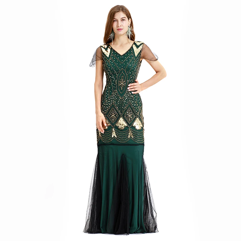 

1920s Great Gatsby Latin Dance Dresses Flapper V Neck Beaded Sequins Party Long Dress Gatsby Dress Floor-Length Charleston Dress