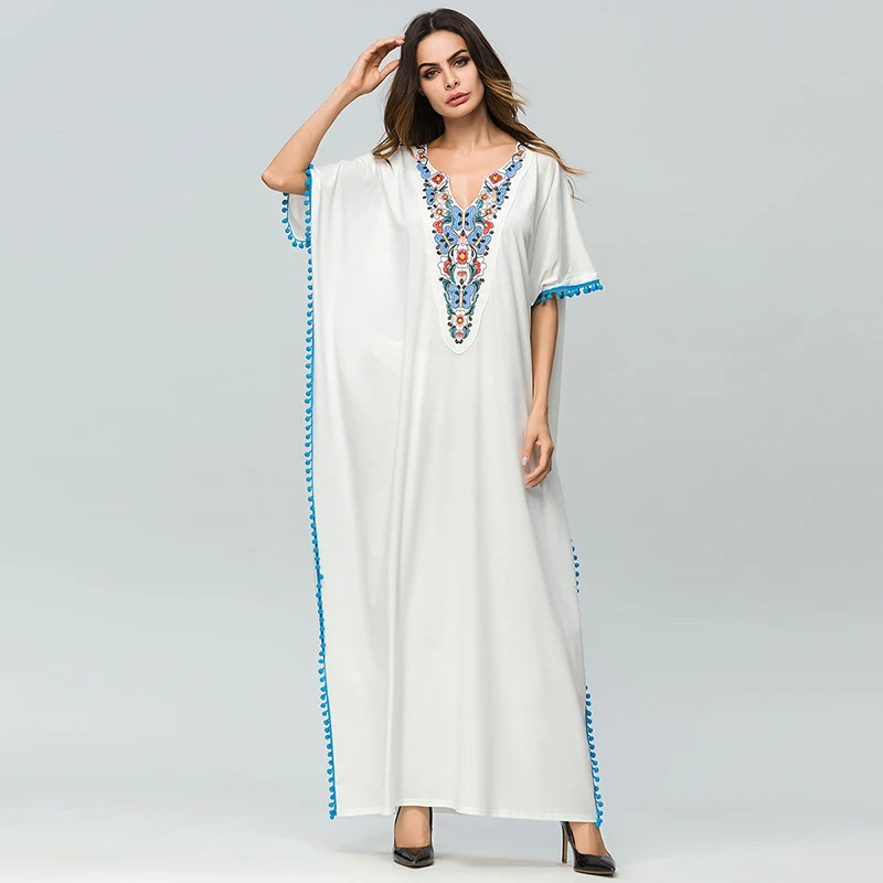 Летние Винтаж Boho пляж белый Платье макси с цветочной вышивкой в богемном стиле
