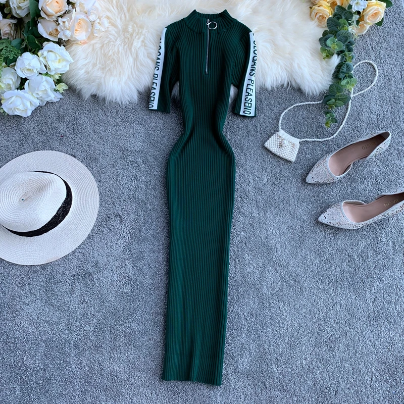 ALPHALMODA, Ранняя осень, БУКВЕННОЕ, на молнии, до середины икры, трикотажное, с коротким рукавом, обтягивающее, винтажное, женское, Vestidos