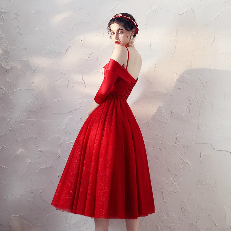 SSYfashion/новое простое красное сатиновое коктейльное платье с вырезом лодочкой, на бретелях, с рукавами 3/4, со шнуровкой сзади, длиной до середины икры, Короткие Официальные Вечерние платья