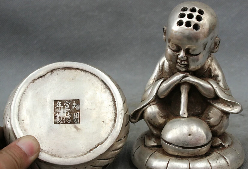 song voge gem S4235 Chinese Silver Buddhism Pray Kid Monk Buddha Statue Box Incense Burner Censer |