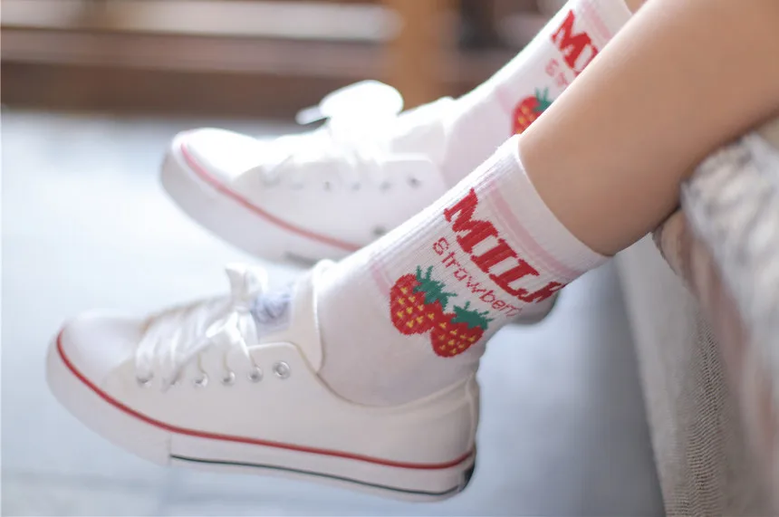 Pile Heap Milk Women Pink Socks Cotton Cartoon Fruit Print Cute Socks Meias Korean Harajuku Style with Cow Strawberry Banana 39