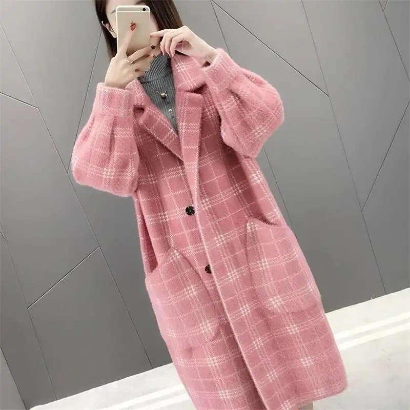 pink Модная клетчатая Женская тонкая кашемировая куртка из искусственной норки Женская флисовая имитация пальто Женский вязаный свитер кардиган верхняя одежда R16 - Цвет: pink