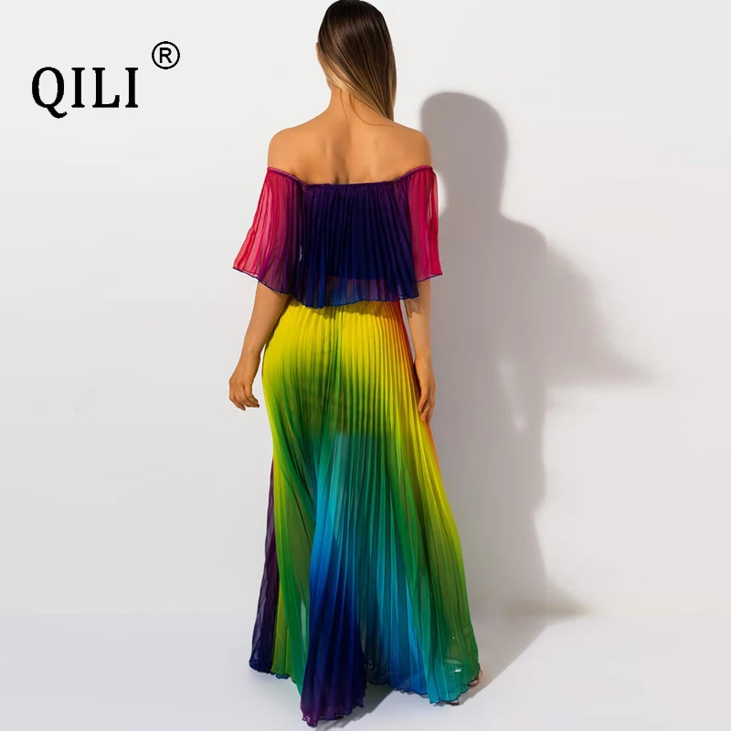 QILI 2019 Summer Pleated Chiffon Dress Loose Long Maxi Beach Dresses Rainbow Print Plus Size Off Shoulder For Womens | Женская одежда