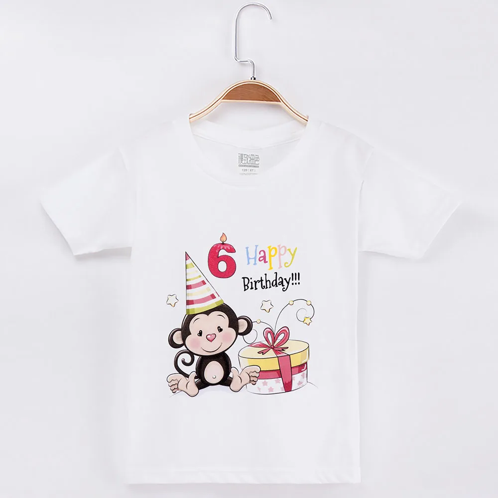 Футболка с обезьяной Kawaii одежда на день рождения для мальчиков; хлопок; комплект детской одежды с героями мультфильмов; топы для маленьких девочек; брендовые Детские рубашки - Цвет: White 6Y