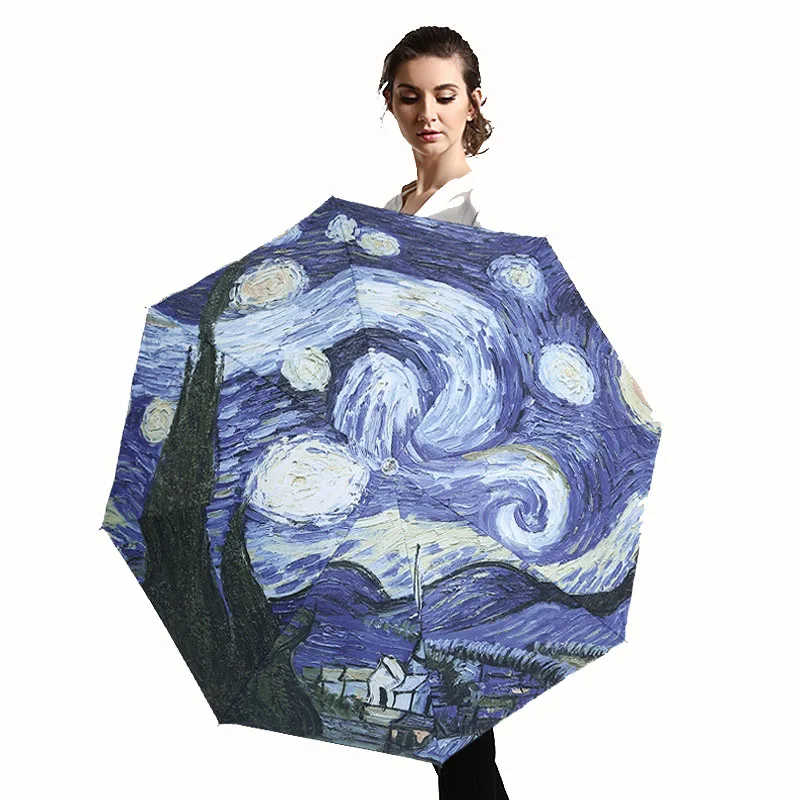 Van Gogh yağlıboya şemsiye kadın yaratıcı yıldızlı gökyüzü sanat şemsiye kadın açık seyahat güneş şemsiye kız yağmur şemsiye