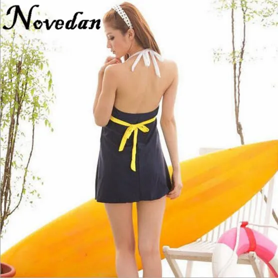 Новинка 2017 слитный купальник летнее женское платье в синюю полоску Холтер