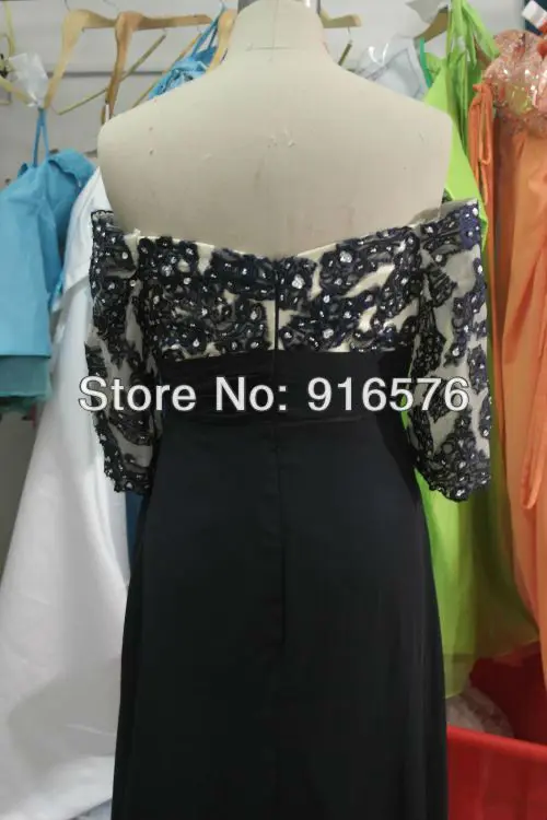 Navy Blue Off The Shoulder Sequin Real Pictures Mother Of Bride Dresses With Sleeves Prom A Line Floor Length Applique|dress pleated|dresses