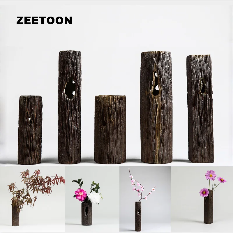 Винтажная ваза Zen Style Ikebana Цветочная креативная грубая керамика дерево зерно