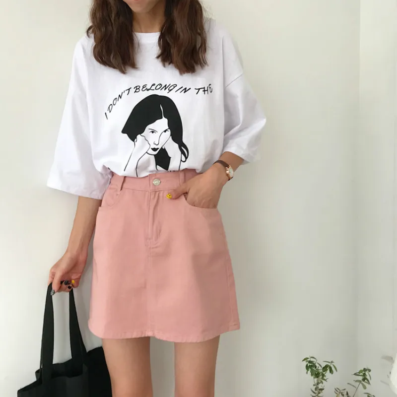 Harajuku модные Высокая Талия Для женщин юбка Chic сладкий Карамельный цвет студент джинсовая юбка трапециевидной формы ковбойские девушки мини-юбка