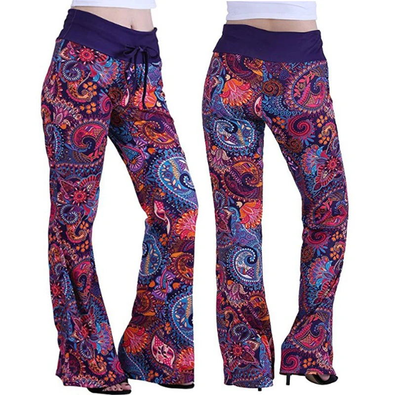 Новинка 2019 женские брюки клеш с принтом в стиле бохо высокая эластичная талия