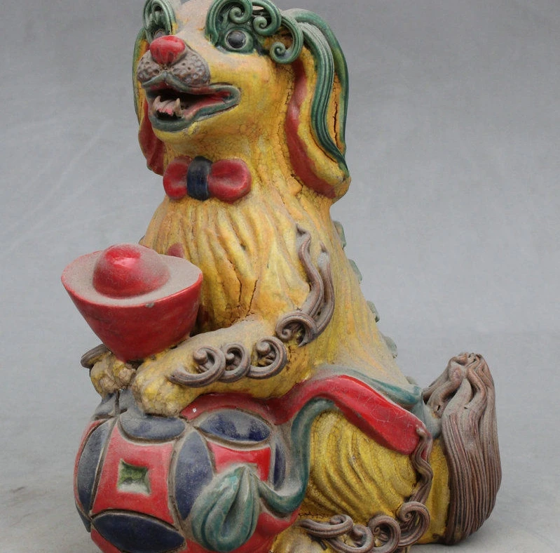 Folk Chinese wucai Porcelain wealth yuanbao Lucky Dog PiXiu statue pray ball | Дом и сад