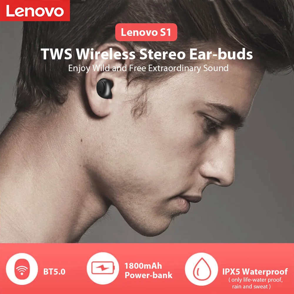 Оригинальные новые наушники lenovo S1 TWS Bluetooth 5,0, водонепроницаемые, IPX5, беспроводные, Handfree, спортивные, стерео наушники с перезаряжаемой коробкой