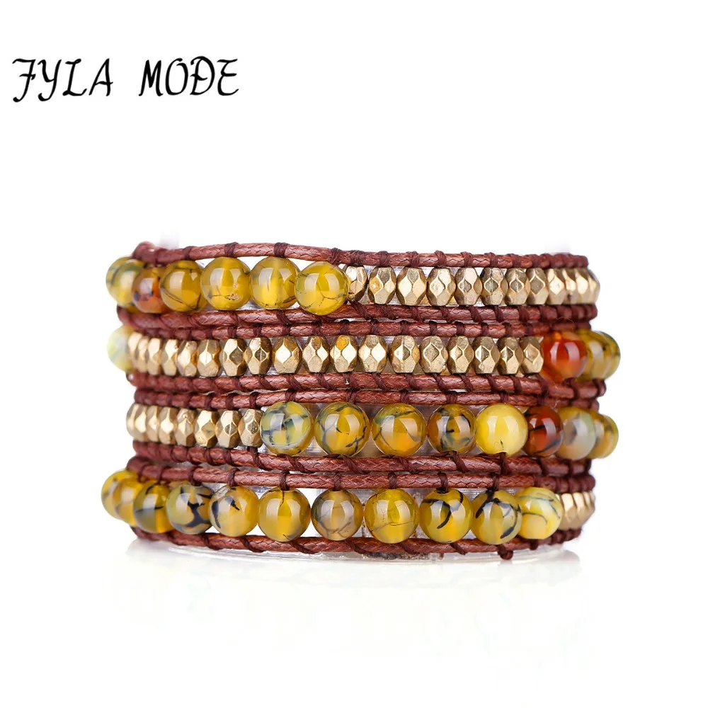 

Fyla Mode Yellow Dragon Striped Stone Bohemian Cord Bracelet With Selected Faceted Bead 4 Wrap Bracelet Beading Pattern Inspire