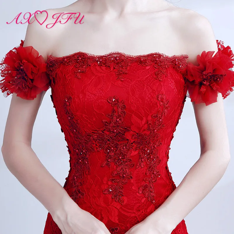 

AXJFU luxury red flower lace vintage princess mermaid evening dress boat neck beading crystal red trumpet evening dress 2666