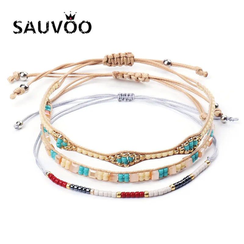 Sauvoo 3 шт./компл. бохо стиль бусины Плетенный из веревки браслеты модные женские ручной работы Регулируемые милые летние браслеты Роскошные ювелирные изделия