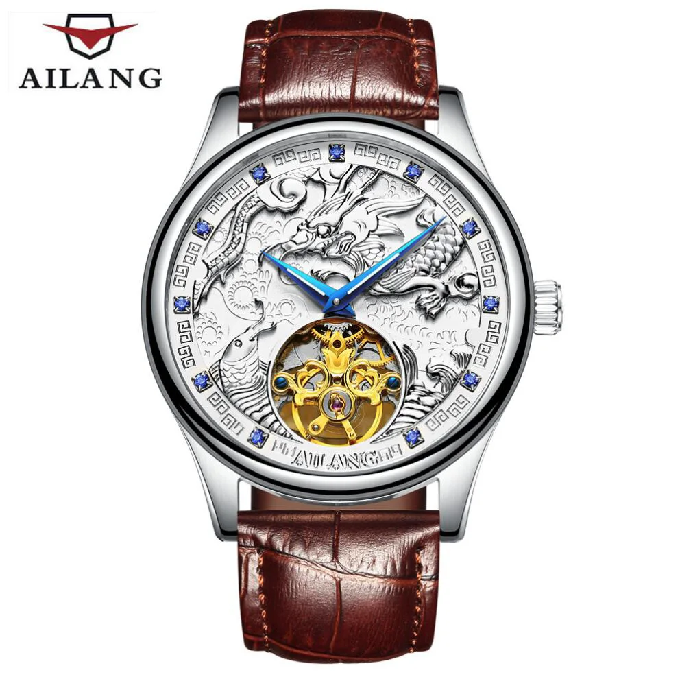Лошадь узор tourbillon Классический для мужчин деловые часы деловые водонепроницаемые часы Элитный бренд пояса из натуральной кожи автоматические часы - Цвет: Silver dragon