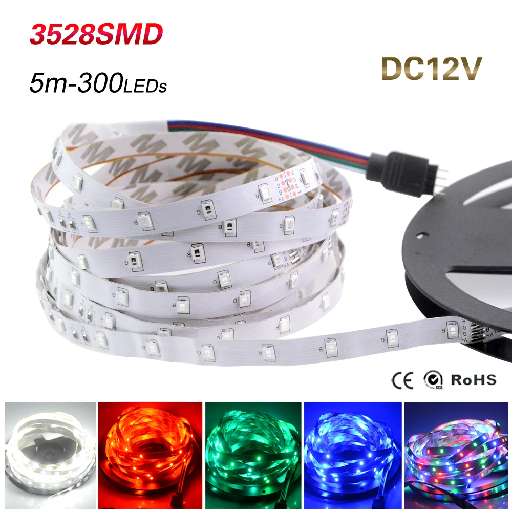 Светодиодная лента RGB 5 метров 3528 SMD 12 В постоянного тока неводонепроницаемая IP20 300