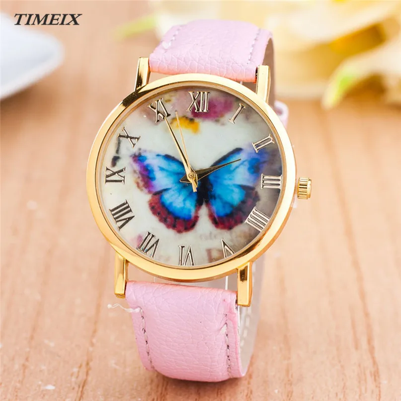 Женские часы 2017 новая мода бабочка стиль кожаный ремешок аналоговые кварцевые