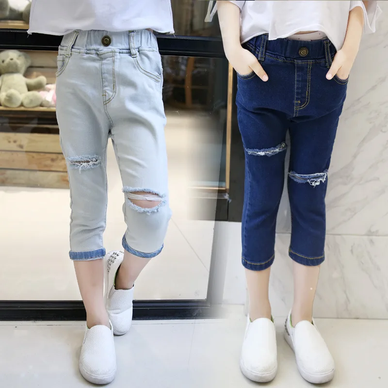 2018 г. модные детские рваные джинсы для Крупные девушки середине талии сплошной