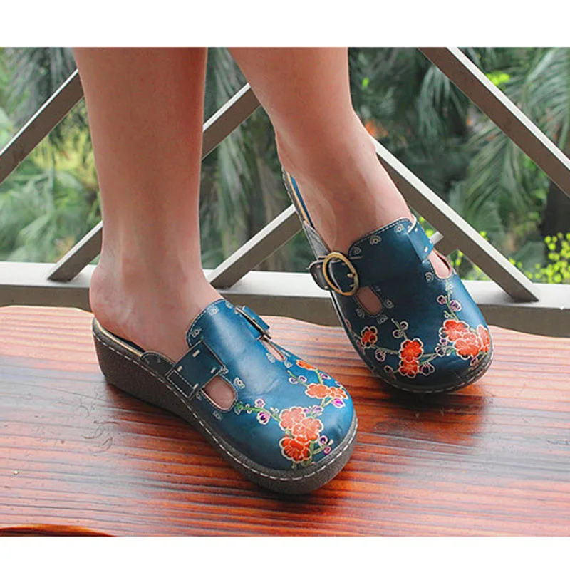 2019 summer new leather cowhide thick bottom flat sandals national candy color ladies home sponge cake slippers | Обувь