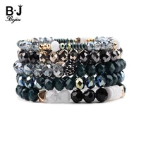 bojiu 5 pcsset boho elastic gray green black gold gray crystal charm bracelets for women trendy handmade lady bracelet bcset233