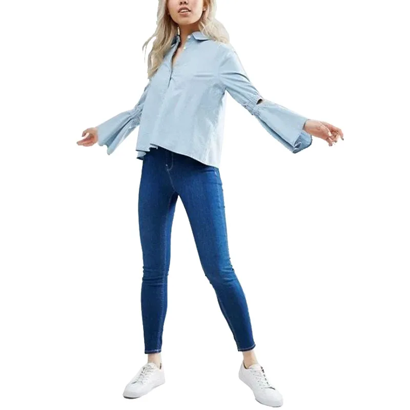 NYMPH European Style 2017 New Hollow Out Design Flare Sleeve Spring Summer Women Casual Shirt Lapel Denim Blouse Female Tops |