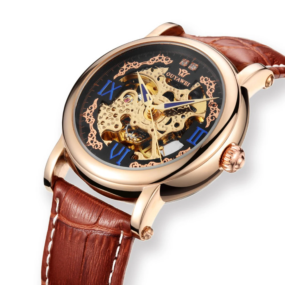 OUYAWEI винтажный дизайн мужские часы Скелет циферблат розовое золото Бабочка